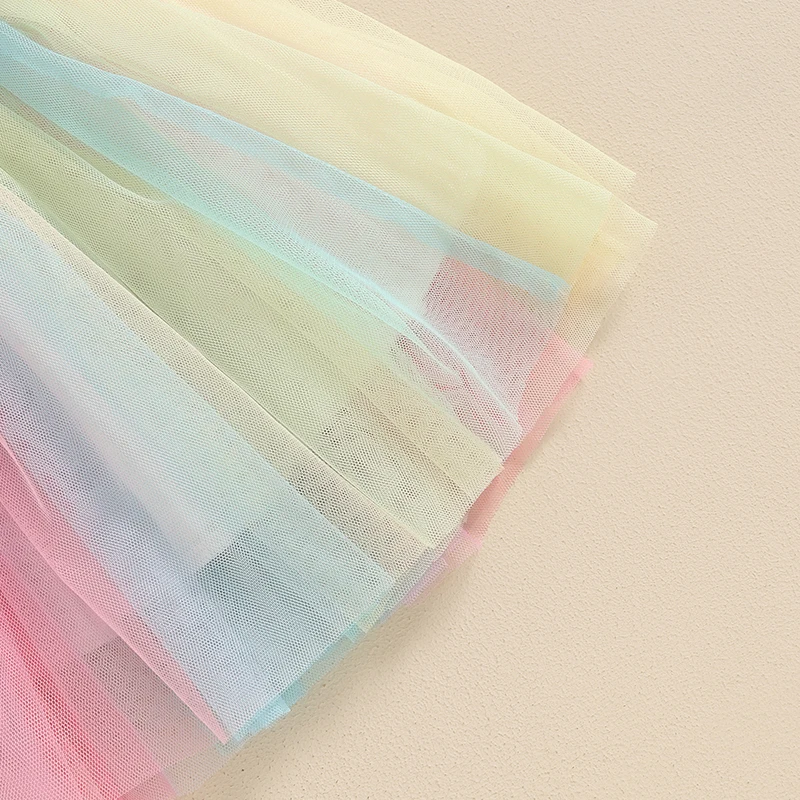 FOCUSNORM 2-7Y Sommer Kinder Mädchen Geburtstag Kleidung Sets Kurzarm Brief Stickerei T Shirts + Regenbogen Spitze Tutu Röcke – Detail 3