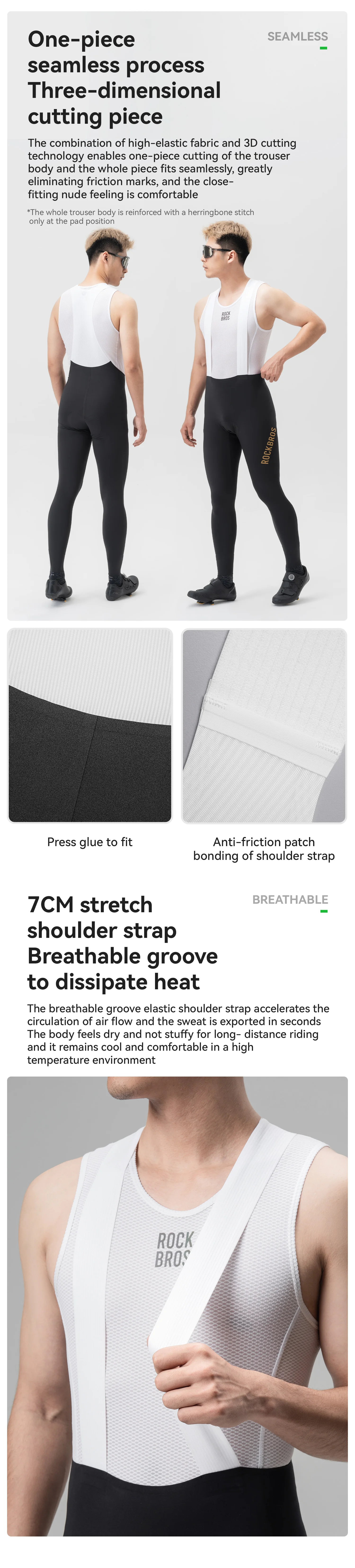 ROCKBROS Fahrrad-Trägerhose leicht hochelastisch atmungsaktiv schnell trocknend bequem gepolsterte Strumpfhose Herren-Radhose – Detail 6