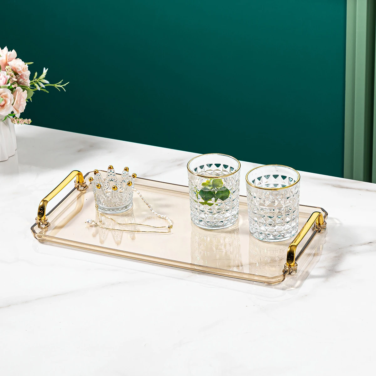 1pc Storage Tray, Household Rectangular Storage Rack, Transparent And Simple Storage Tray With Golden Handle, For Living Room, D 4