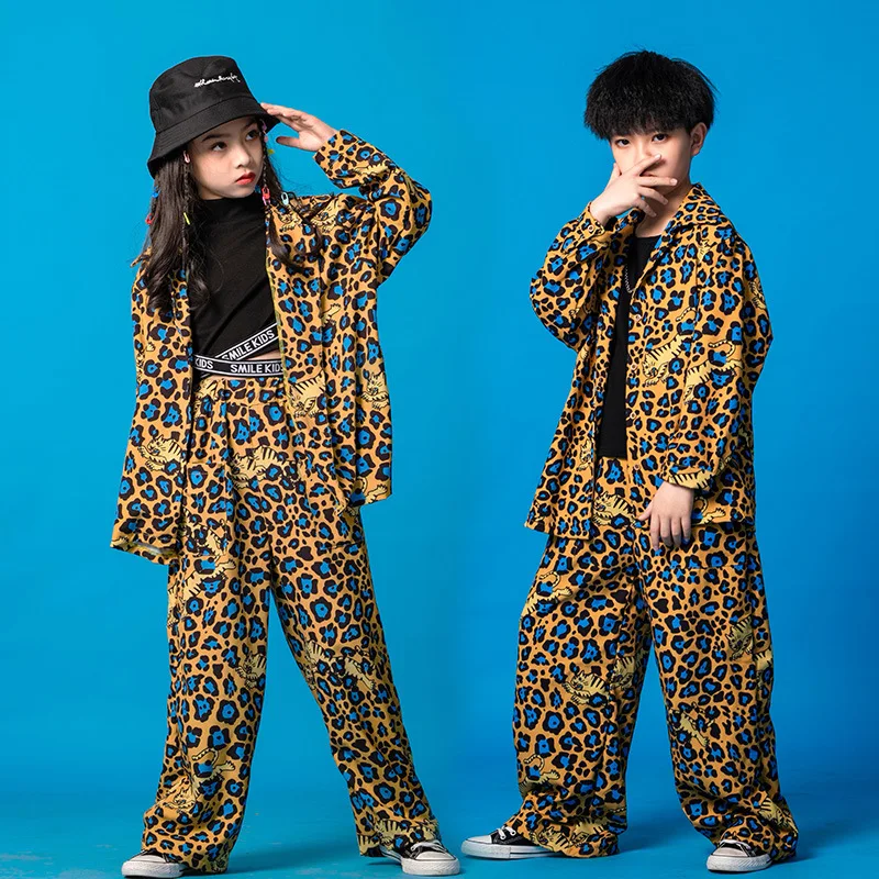 

Kids Sets Boys Girls Children Teenager Streetwear Hip Hop Leopard Long Sleeve Loose Casual Shirt Pants Stage Show Clothing
