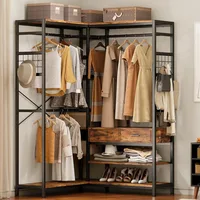 Closet Organizer and Storage Shelves, Heavy Duty Clothes Rack with 2 Wooden Drawers, L Shaped Coat Rack Corner Closet System 2