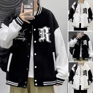 Men Single-breasted Coat 2024 Autumn Baseball Coat with Letter Print Stand Collar Loose High Street Style Color Matching Jacket