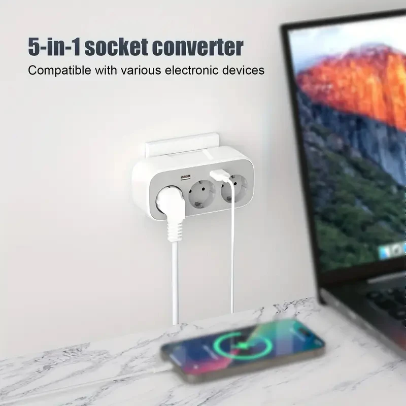 EU Plug 4000W Wall-Mounted Power Strip with Independent Switch & 2 USB Charging Ports
