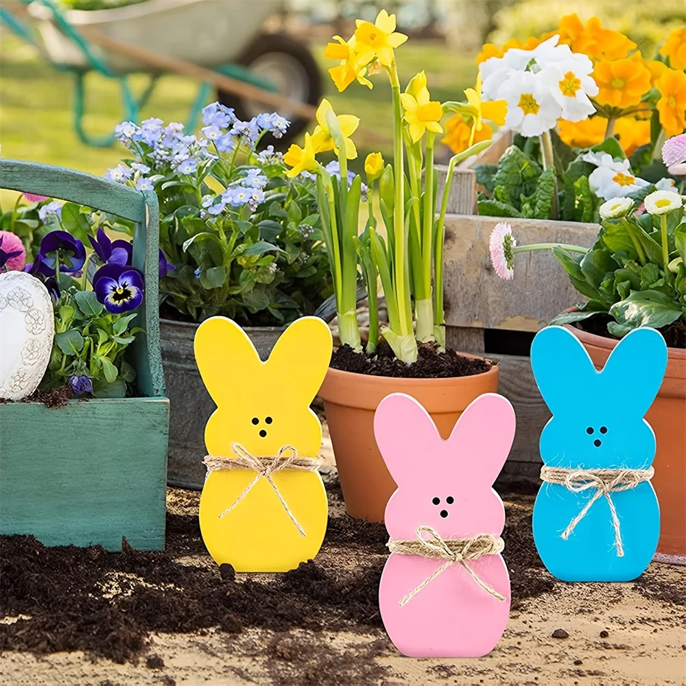3Pcs Easter Wooden Sign Pink Blue Yellow Easter Bunny Wooden Table Centerpieces with Jute Rope Freestanding Rabbit Decoration