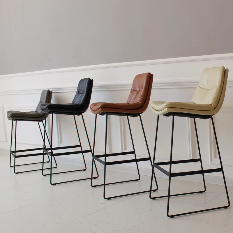 Nordic Backrest Leather Bar Chair Home Light Luxury Wrought Iron High Stool Net Red Ins Cafe Modern Minimalist Bar Chair Stool