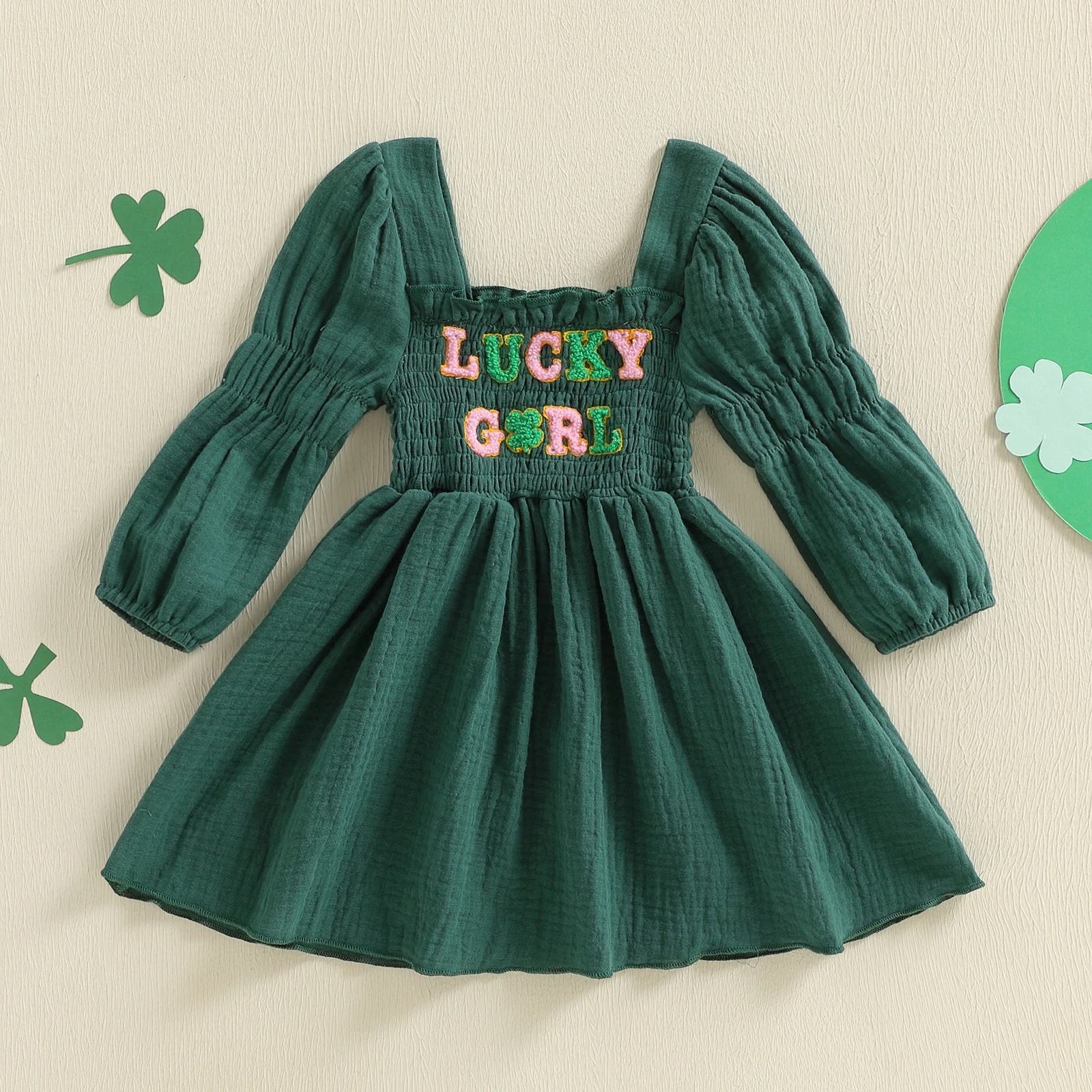 Infant Girl s Spring Dress with A-Line Design and Embroidered Four Leaf Clover Detail Smocked Long Sleeve Dress for Toddlers
