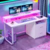 55" Computer Desk with Power Outlets & LED Lights Home Office Desk Writing Table 3