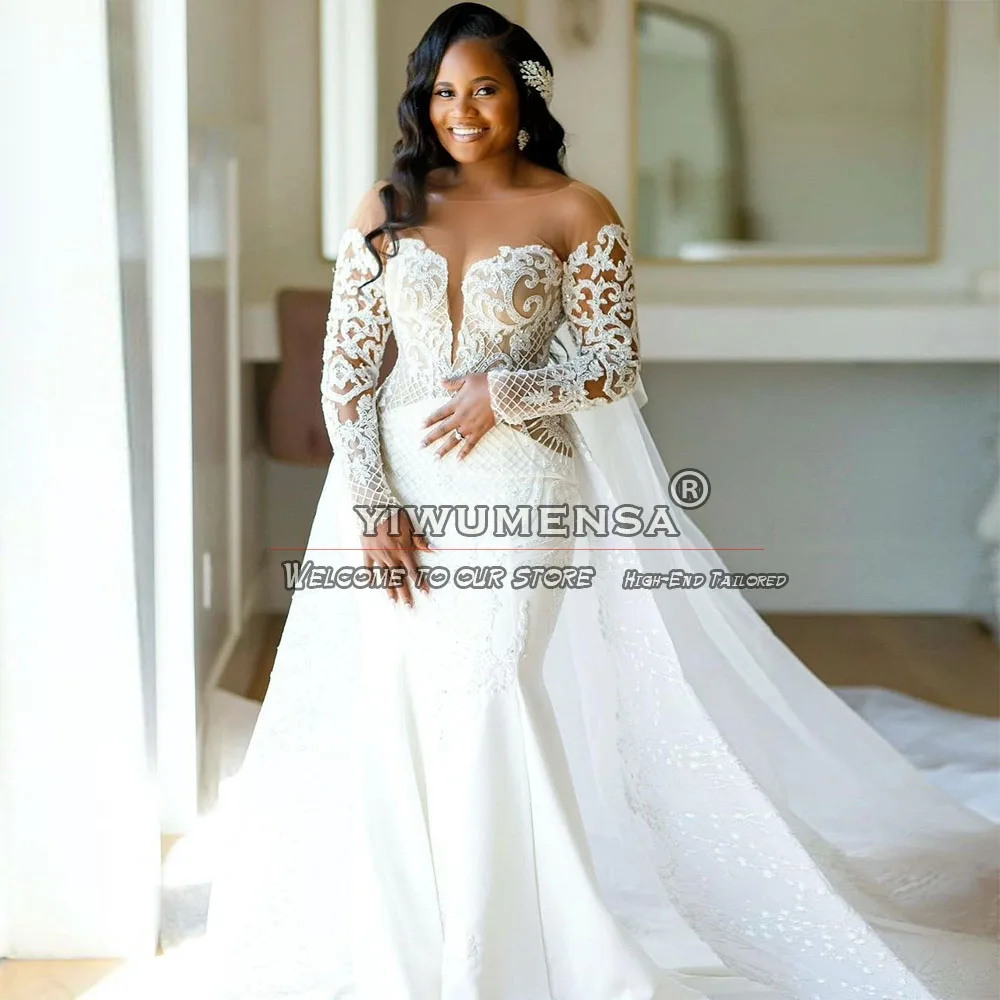 

Exquisite Mermaid Wedding Dresses Formal Women Marriage Full Sleeves Skin Tulle O Neck Appliques Bridal Gowns WIth Moved Train