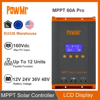 PowMr New 60A MPPT Solar Charge Controller 12V/24V/36V/48V LCD Dispaly Max Solar Panel PV 160V Support Parallel and Max 12 Units 1