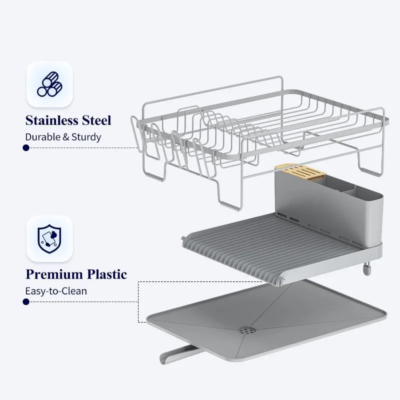 Extendable Dish Rack, Large Drying Dish Rack with Cutlery & Cup Holders, Dish Rack and Drainboard Set 4