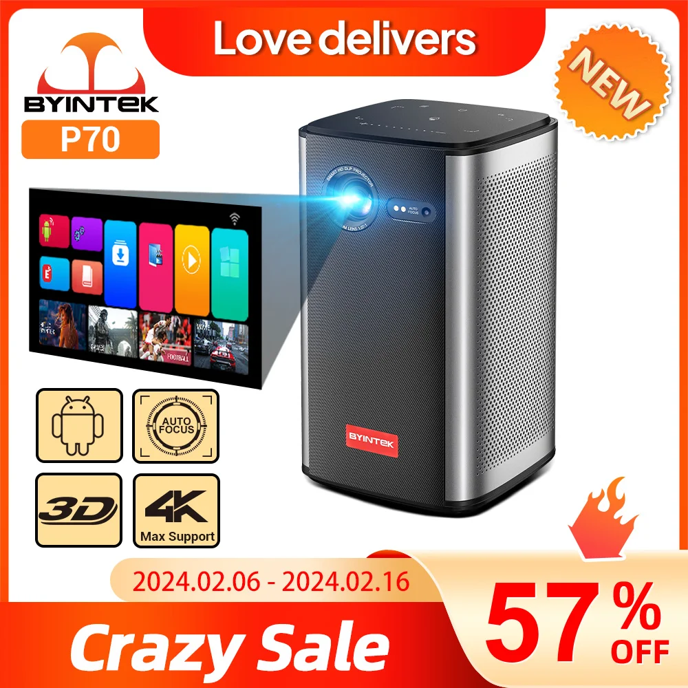 BYINTEK 2023 P70 미니 프로젝터, 배터리 포함, 3D 안드로이드 와이파이, 4K 1080P 비디오 LED DLP 프로젝터