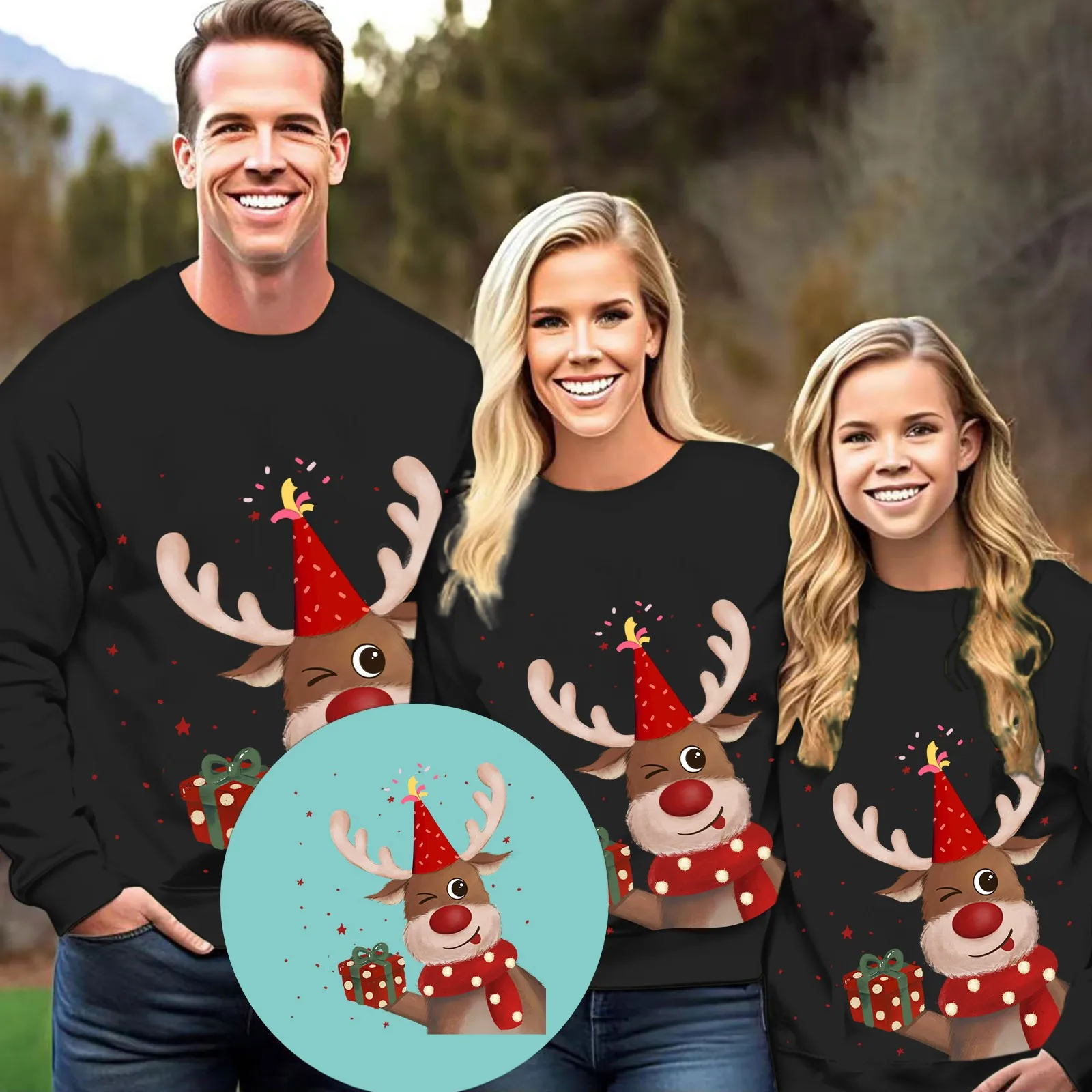 thumbnail image 2 of Sudadera con cuello redondo y forro polar para padres e hijos, con estampado de renos de dibujos animados en 3D, para Navidad y otoño, 2 of 5