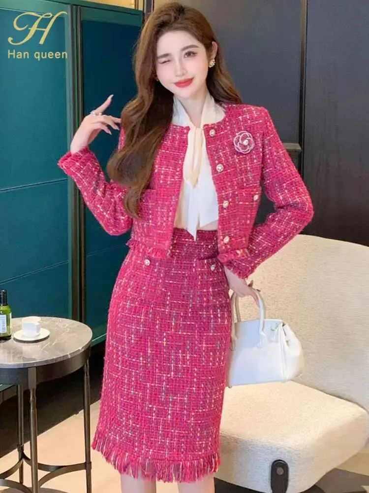 

H Han Queen 2023 Autumn Winner Tweed Suit Women's Single-Breasted Jacket + Short Pencil Skirts Casual Party Office 2 Pieces Set