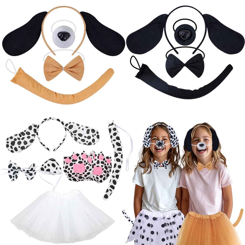 Adult Kids Plush Cartoon Boy Dalmatian Animal Dog Headband Ear Bow Tail Gift Birthday Party Cosplay Costume Halloween Christmas