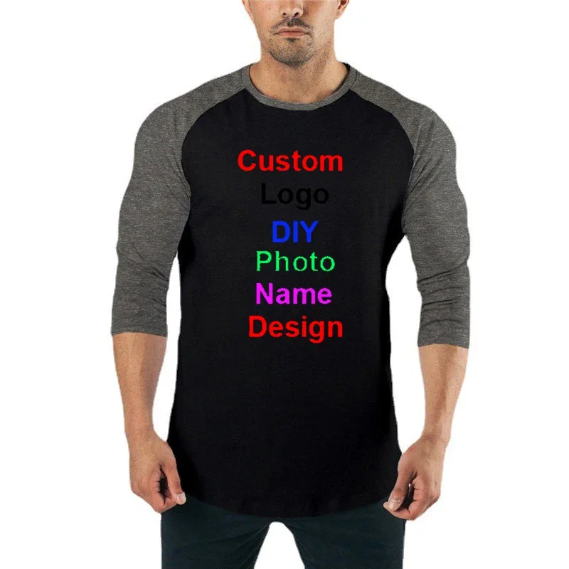 

Customized DIY Brand Logo Autumn Fashion Three Quarter Sleeve Fitness T-shirt Men Patchwork O-neck Gym T shirts Slim Tee Shirts