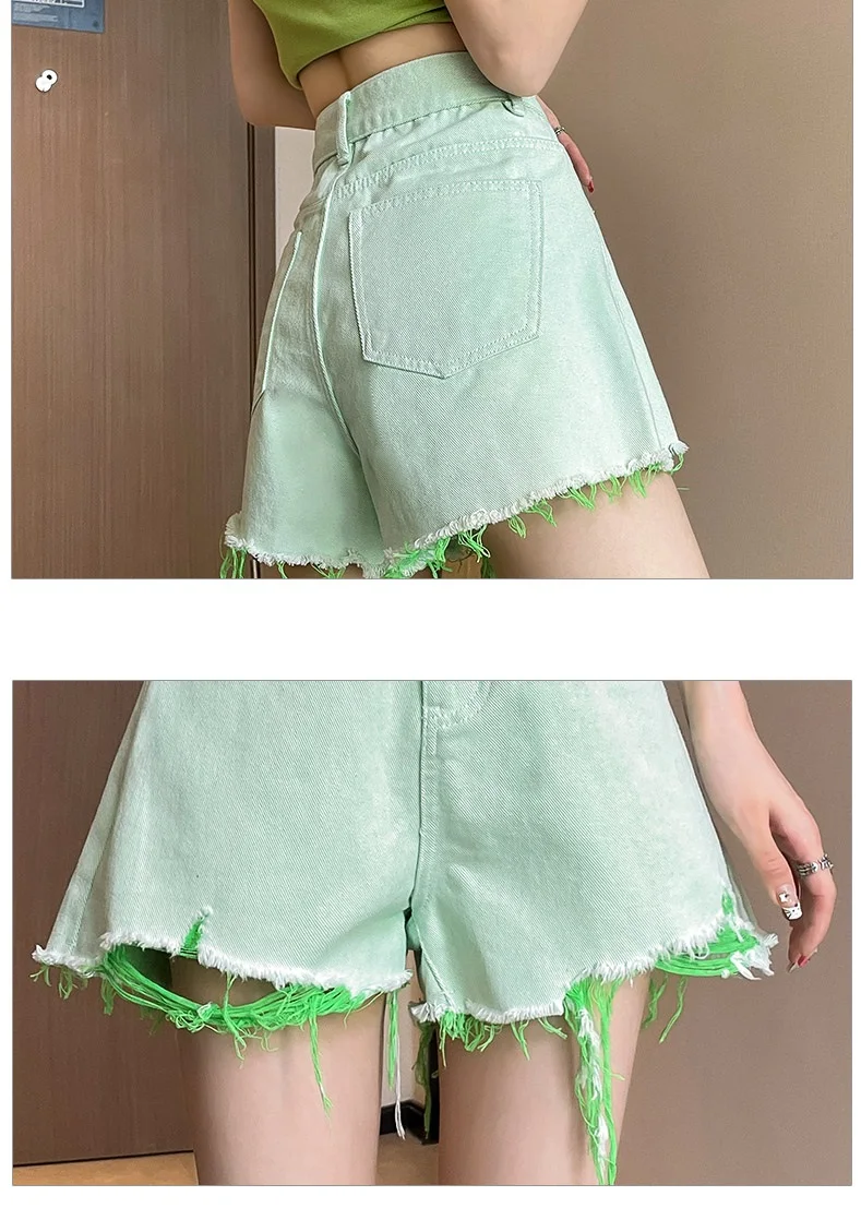 Perforated denim shorts for women's summer thin 2023 new high waisted small loose fitting wide leg hot pants trend