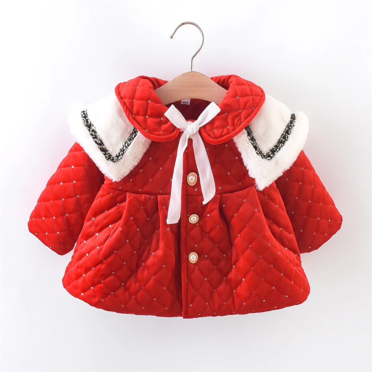 Winter Baby Girl Large Neck Thick Sequin Quilted Single Breasted Solid Color Cotton Filled Warm Windbreaker
