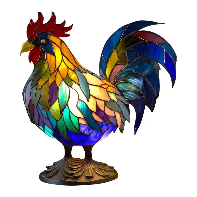 

Colorful exotic animal lamp Stained Glass Lamp Rooster Resin Night Light Animal Sculpture Bedside Vintage Living Room Light Fixt