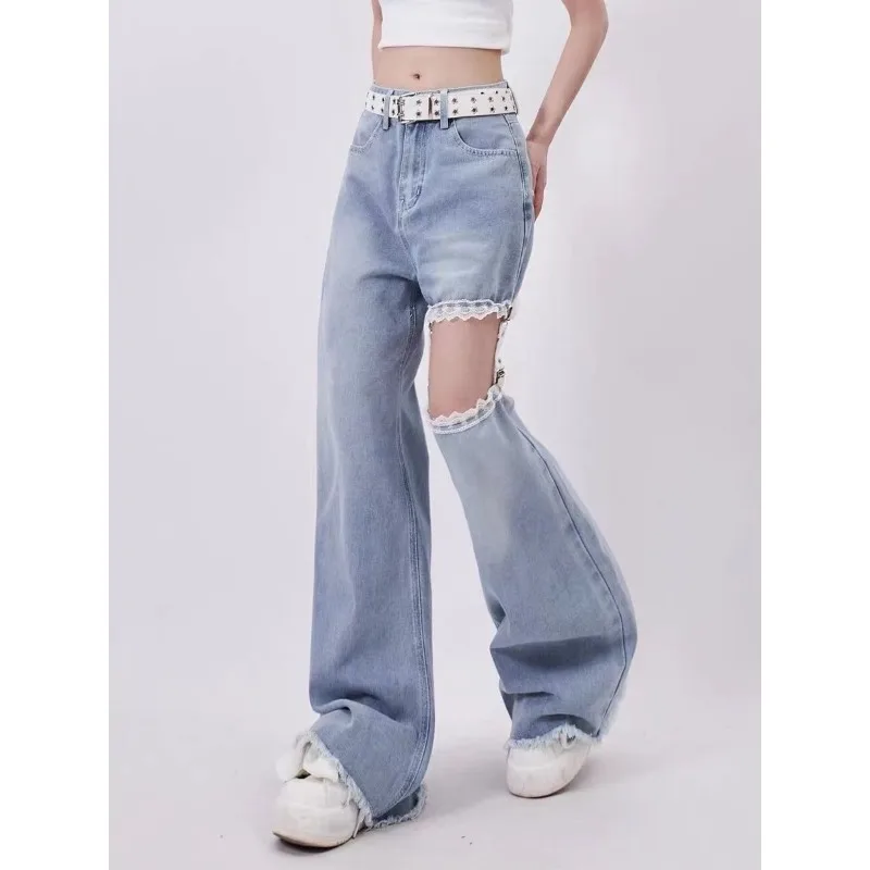 Jeans Women Summer New Ins Hottie Lace Hollowing Out Splicing Pendant Straight Cylinder Trousers Tide