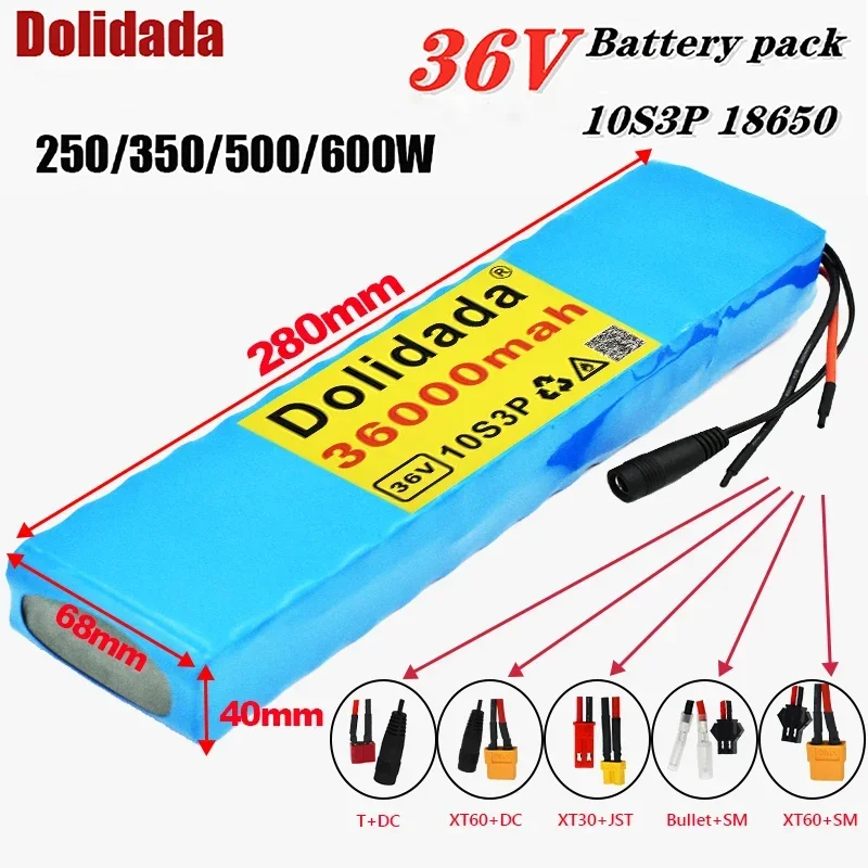 

Dolidada 36V 36Ah 18650 Rechargeable Lithium Battery Pack 10S3P 600W Power Modified Bicycle Scooter Electric Vehicle with BMS