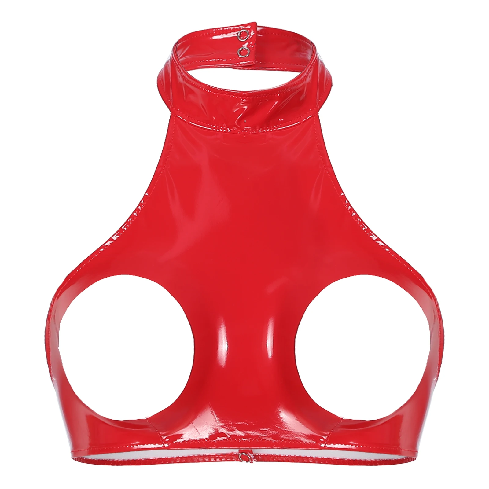 thumbnail image 1 of Lencería sexy para mujer, sujetador abierto con aros, top corto, lencería exótica, remaches, aro de sujeción, escote halter, pecho abierto, sujetadores de charol, 1 of 5