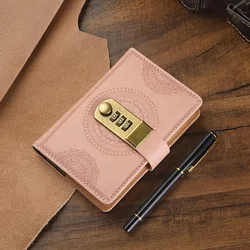 Retro Password Book with Lock - Thickened Creative Diary and Ledger Notebook - A7 (Pink 120 sheets)