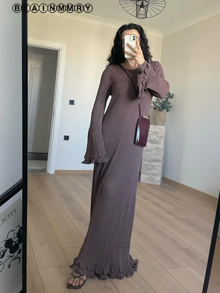 Women White Ruffle Hem Knit Long Dress Elegant O-neck Flare Sleeve  