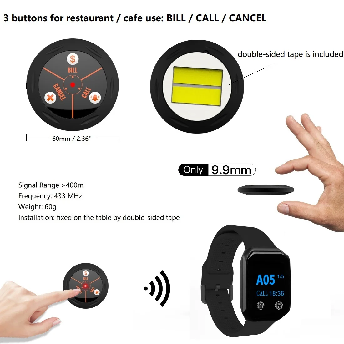 BYHUBYENG Wireless Calling Button Restaurant Waiter Pager System 60 Call Button + 6 Watch Receiver for Bar Cafe Food Truck