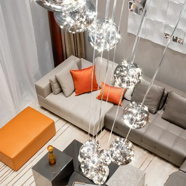 Lámpara de escalera de cielo estrellado, candelabro largo de diseño nórdico, luz de pasillo dúplex, luces colgantes creativas de lujo, salón de apartamento 4
