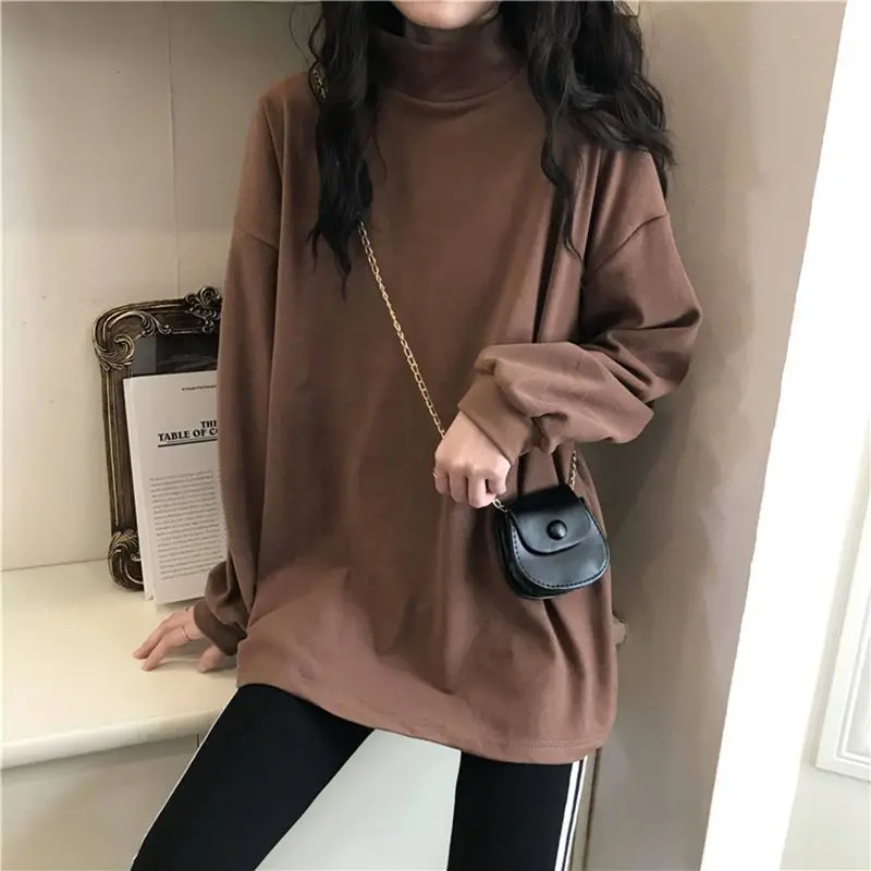 Women's Autumn Winter Fashionable Elegant High Neck Pullover Long Sleeved Solid Color Bottom Shirt Casual Versatile Youth Tops