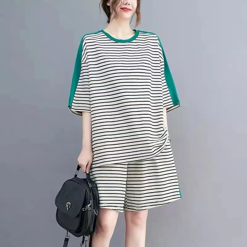 

2023 Summer T Shirt Sets Woman Casual Sports Suits Fashion Striped Short Sleeve T-shirt Loose Shorts Two Piece Set Women Clothes
