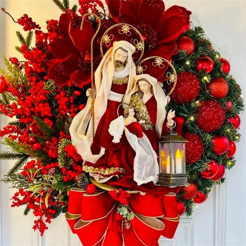 Sacred Christmas Wreath with Lights Artificial Hanging Ornaments Front Door Wall Decorations Merry Christmas Tree Wreath