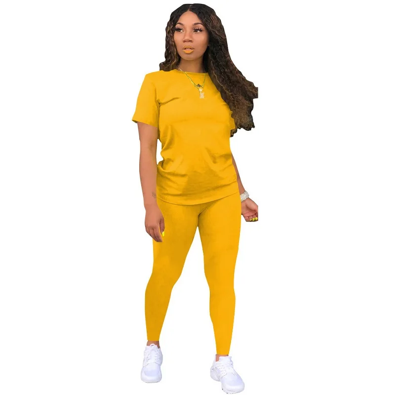 

Spring Summer Women Latest European American Solid O-neck Short Sleeve Tight Trousers Casual Sports Two-piece Suit Female Clothe