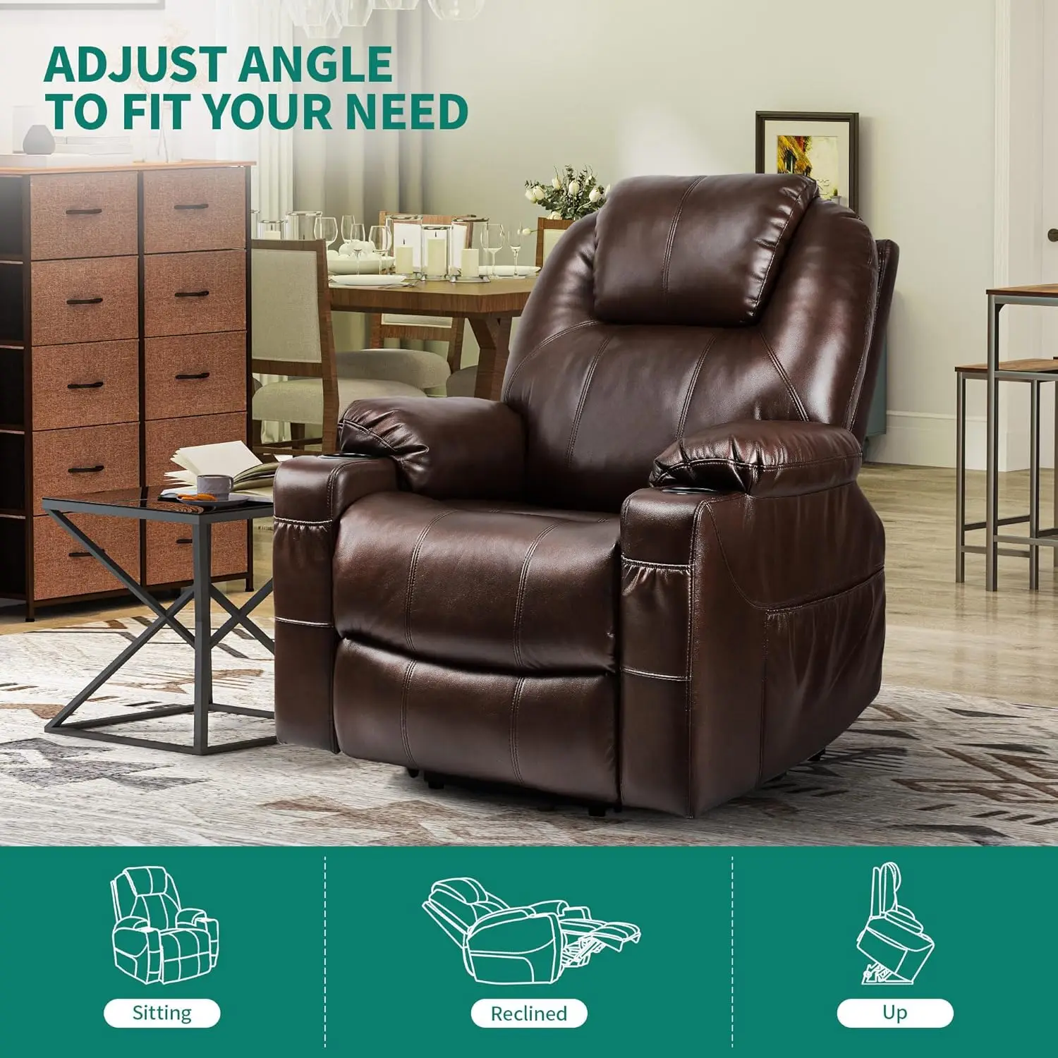 Power Lift Recliner Chair for Elderly, Lift Chair with Heat and Massage, Faux Leather Recliner Chair with 2 Cup Holders
