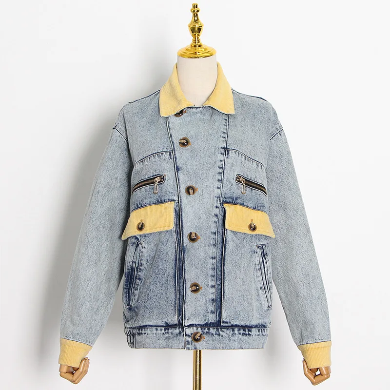 Fashion Retro Hong Kong Style Jacket Contrast Color Stitching Korean Jacket 2022 New Casual Single-breasted Denim Jacket 2022 summer new hong kong style retro high waist unique gradual curled loose shorts wide leg a line jeans women