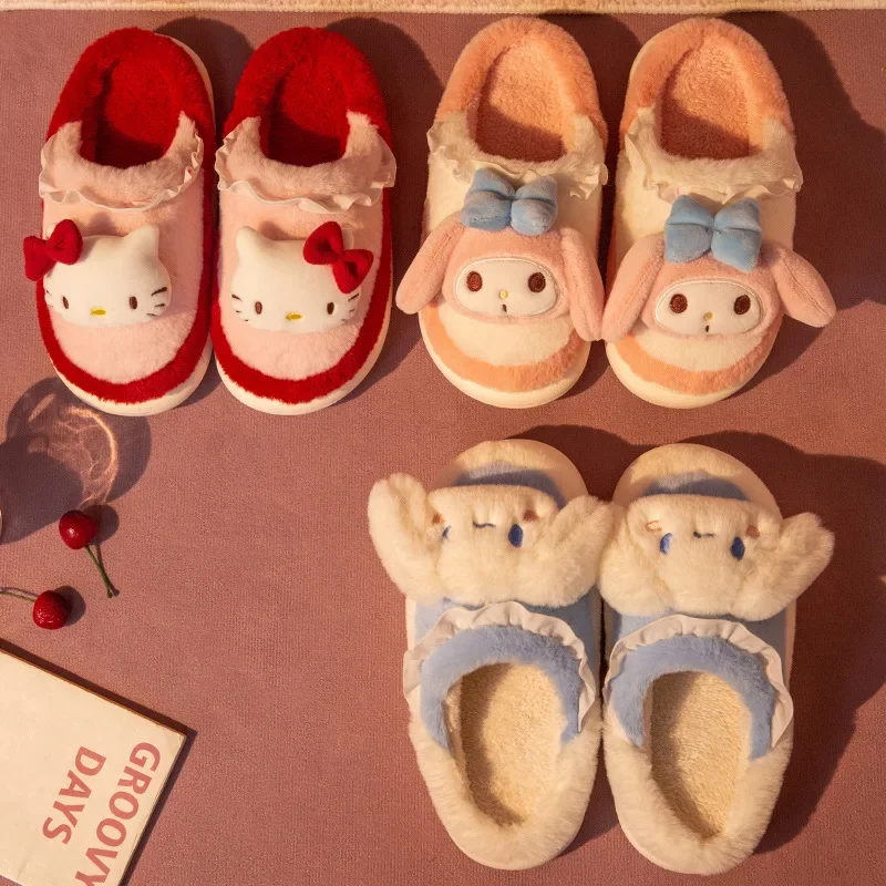 

Sanrio Cotton Slippers Women's Winter Cute Cinnamoroll My Melody Indoor Home Non-slip Warm Kitty Cat Plush Cotton Slippers