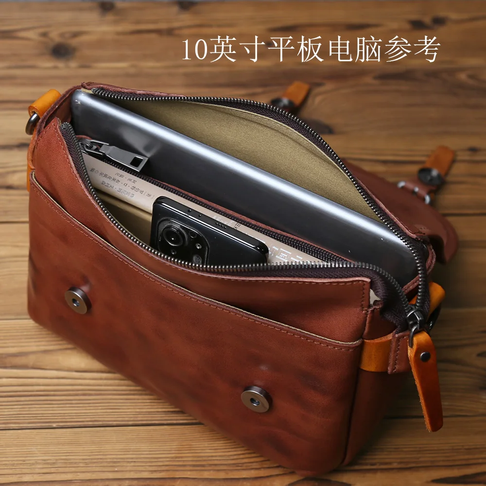 NZPJ Men's Vintage Genuine Leather Shoulder Bag Top Layer Cowhide Crossbody Casual Bag Suitable For 10-Inch IPad