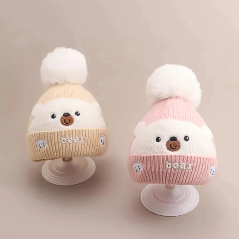 Cute Plush Ball Baby Woolen Hat Cartoon Bear Kids Ear Protection Cap 0-2year Children Winter Warm Pullover Cap Knitted Beanies 6