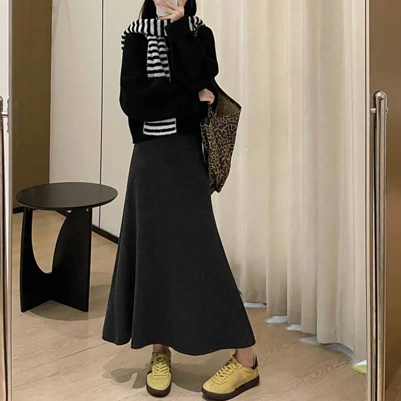 Elegante Hohe Taille Fischschwanz Rock für Frauen Herbst Winter Vintage Gestrickte Maxi Röcke Frau Koreanische Faul Stil Solide Lange Rock – Detail 11
