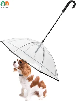 ATUBAN Dog Umbrella with Leash for Small Pets, Umbrella for Dogs Fits 20” Back Length Pets,J-Shape Handle,Clear Umbrella Surface 1
