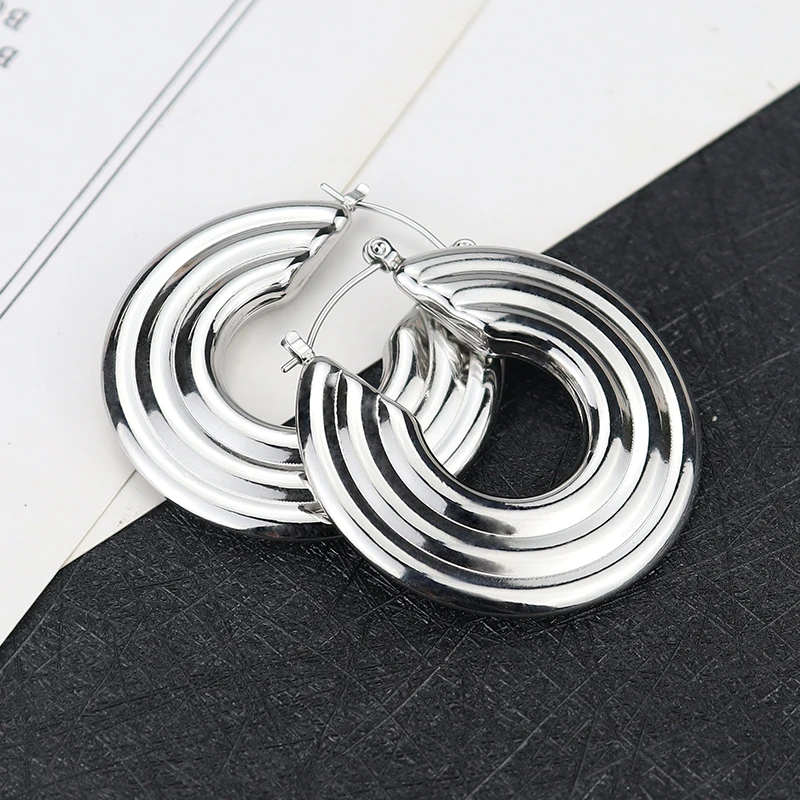 Fashion Exaggeration Multi-layer Rng Pattern Hollow Earrings Stainless Steel women's Hoops Earrings Accessories