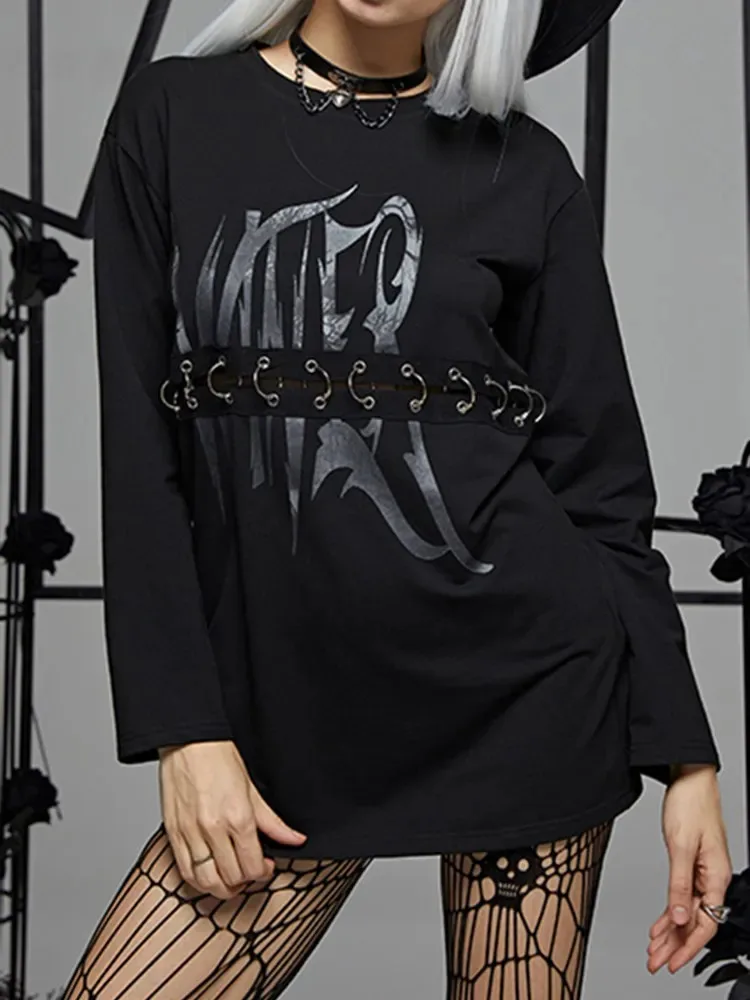 

2023 New Gothic Long Sleeves T-shirts Loose Metal Ring Letter Darkness Casual O Neck Black Tee Y2K Emo Street Punk Grunge Tops