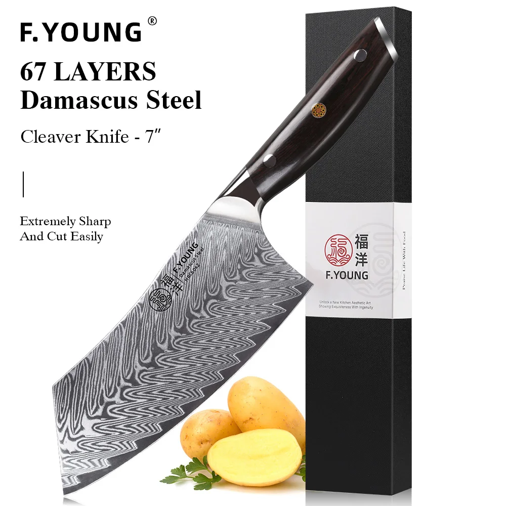 F.YOUNG 7" Professional Kitchen Knife 67 Layers Damascus Steel Chef knife Japanese Cooking Tools Vegetable Cutting Meat Cleaver