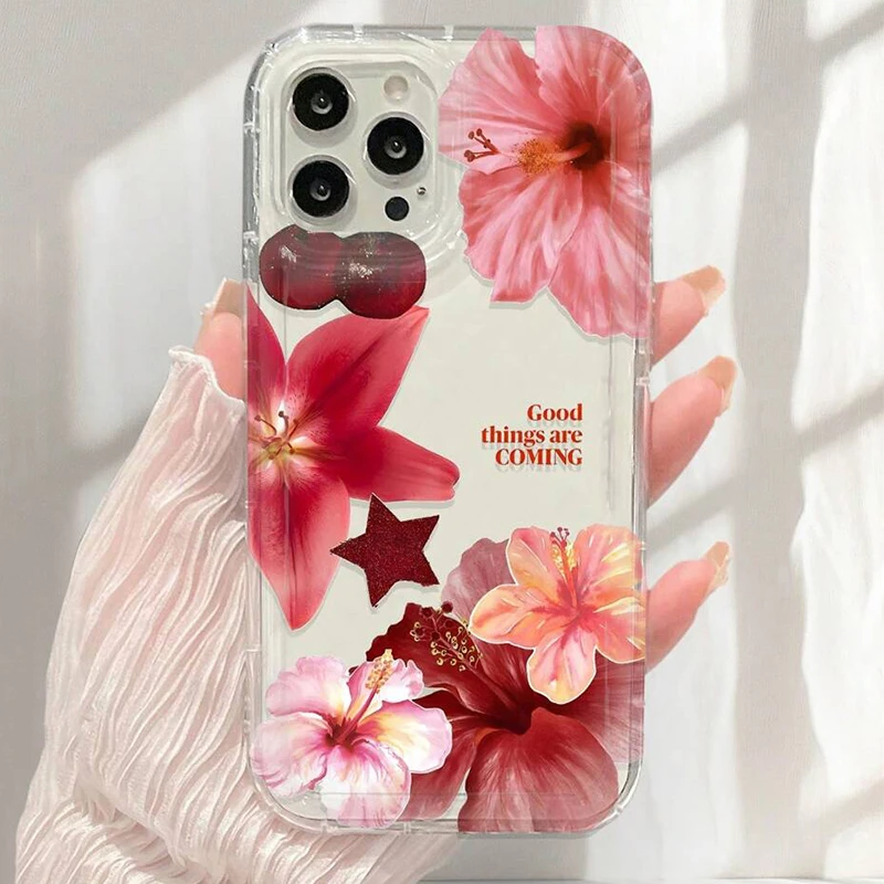 Cherry Flower Print Clear Case For iPhone 16 15 14 13 Pro Max 11 12 Mini X XR XS Max 7 8 Plus SE2 Stylish Shockproof Soft Cover 4