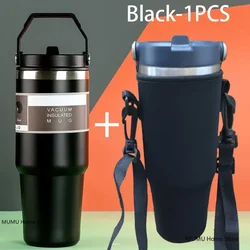 Portable Stainless Steel Insulated Water Bottle - Thermal Mug Flask - 890ML (Black With Cup Bag)