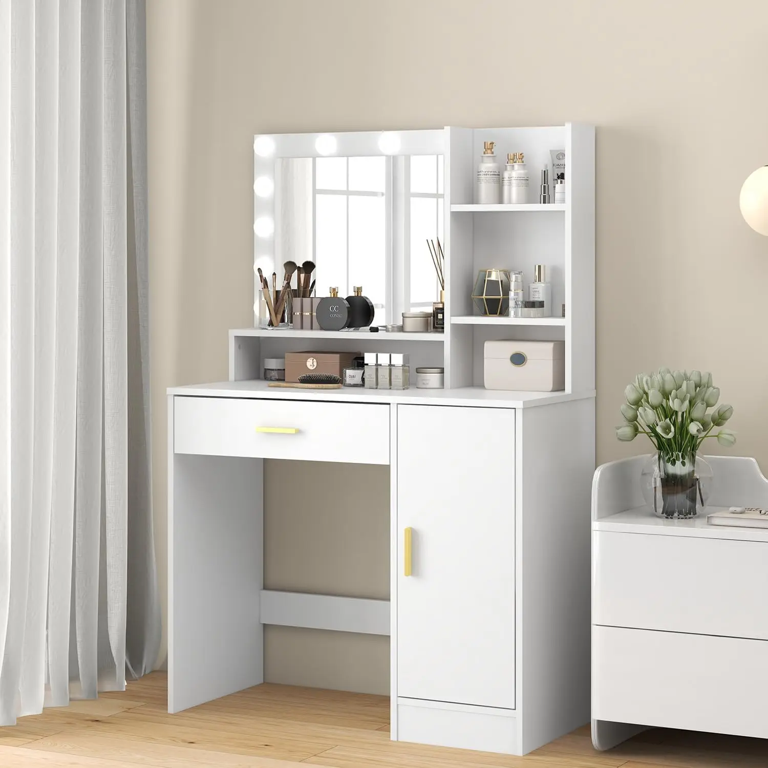 Vanity Desk Vanity Mirror with Lights and Table Set with 1 Big Drawers 1 Cabinet & 4 Shelves Makeup Vanity Set 3 Lighting Modes