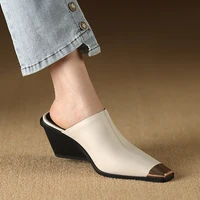 2025 New Ladies Genuine Leather Metal Head Mules Fashion Med Chunky Heels Summer Wedges Slippers Women Casual Office Shoes Woman - Image 2