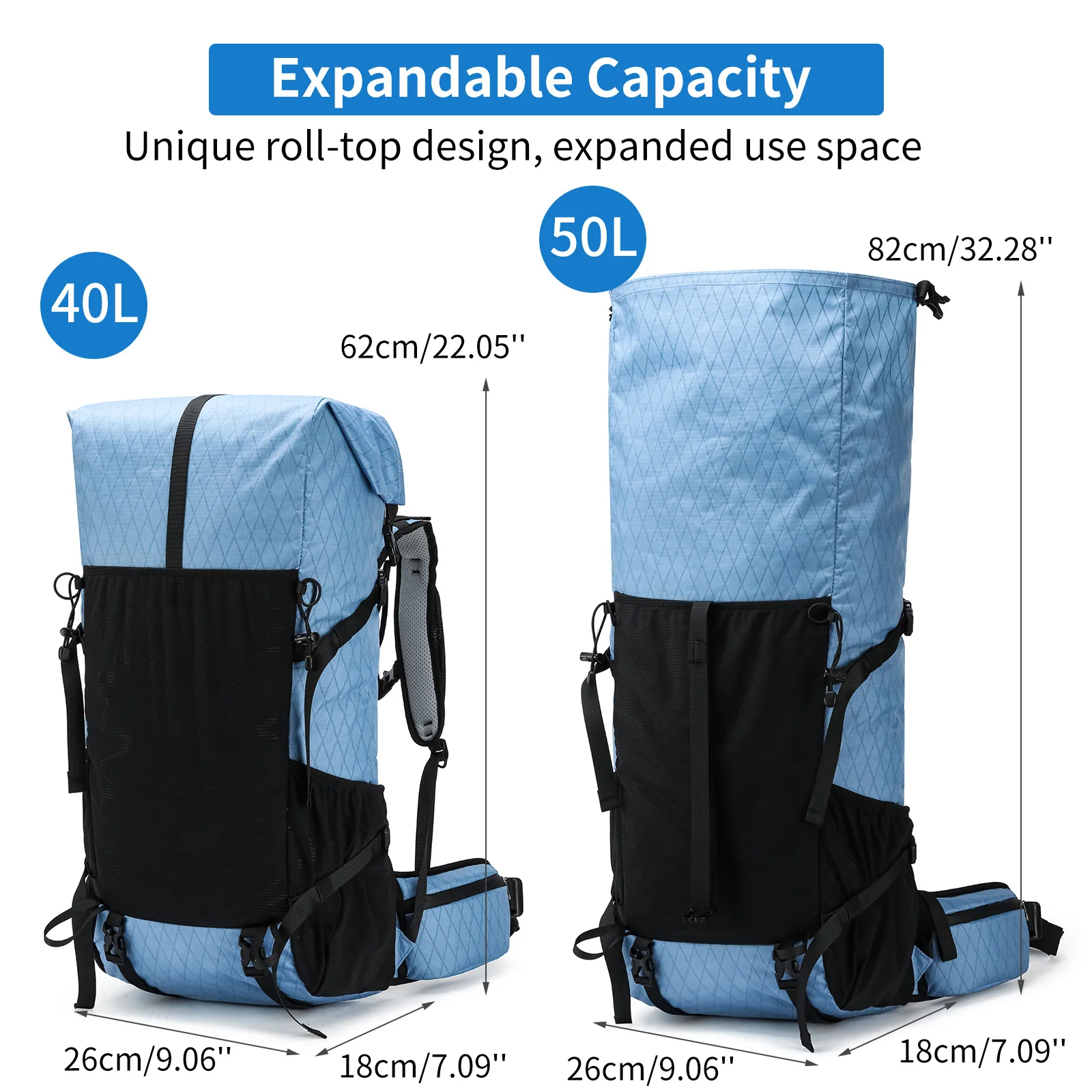40L‌ Ultralight Hiking Backpack Adjustable Roll-Top Rucksack For Trekking Camping & Gym - Water-Resistant Trail Daypack 1160g
