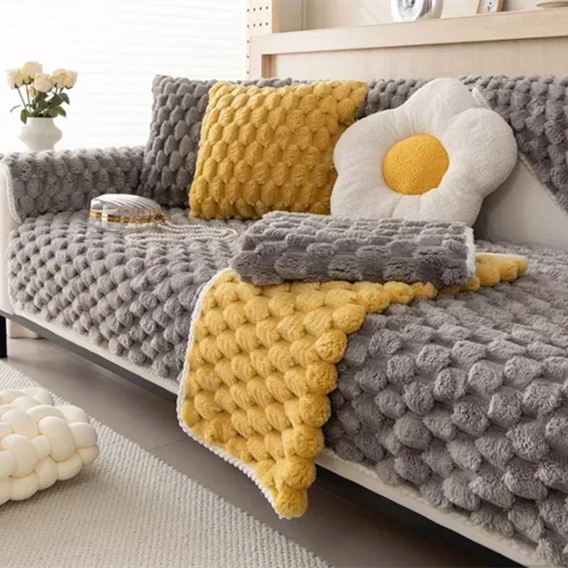 Pink Honeycomb Shape Thicken Sofa Towel Winter Plush L Corner Universal Sofa Cover Soft  Non-slip Couch Cushion Living Room  Mat 6