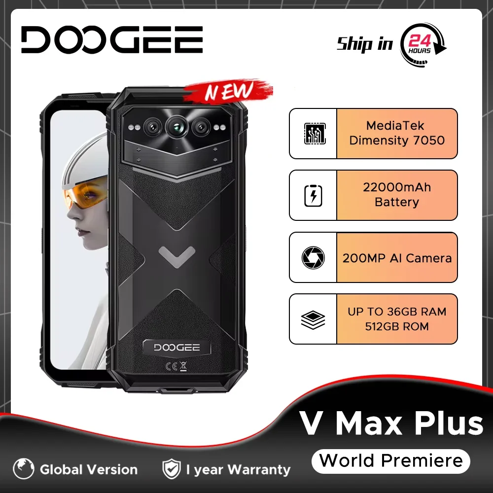 Global Version DOOGEE V Max Plus Rugged Phone 6.58" 120Hz Display 16GB 512GB 200MP AI Camera 22000mAh Lighting effect Android 14